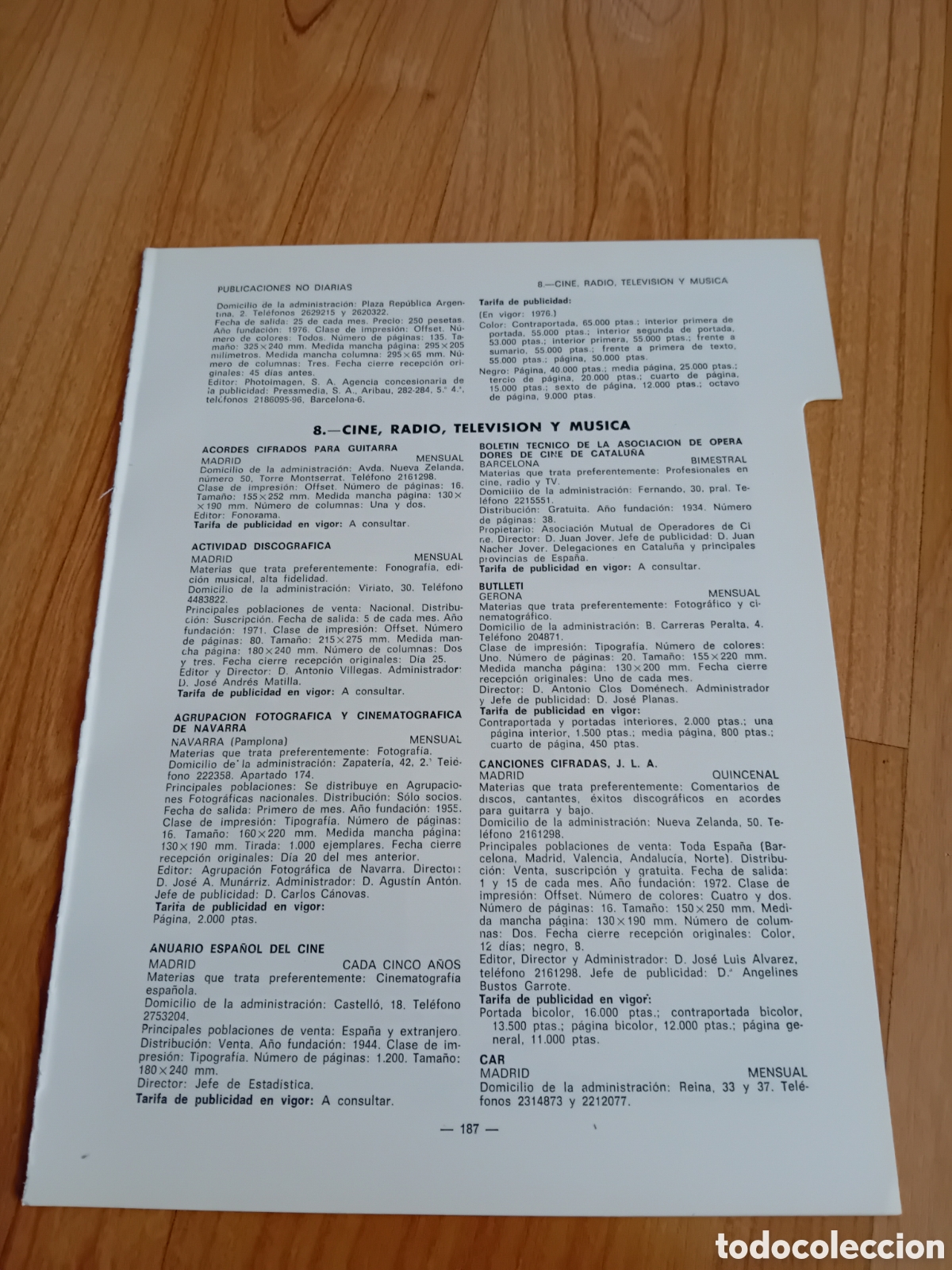 Otros Art&iacute;culos de Coleccionismo en Papel: Extracto de publicaci&oacute;n con datos y tarifas medios de cine, radio, televisi&oacute;n y m&uacute;sica. 1977-1978