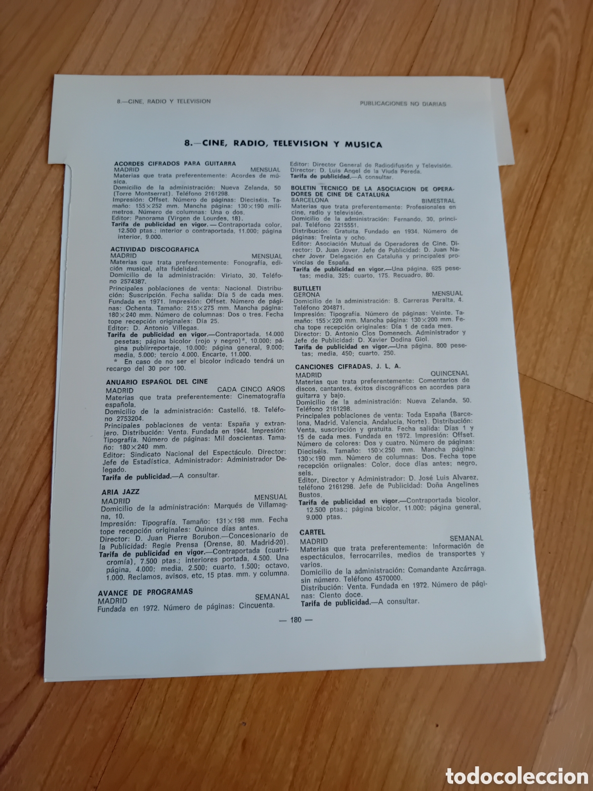 Otros Art&iacute;culos de Coleccionismo en Papel: Extracto de publicaci&oacute;n con datos y tarifas medios de cine, radio, televisi&oacute;n y m&uacute;sica. 1973-1974