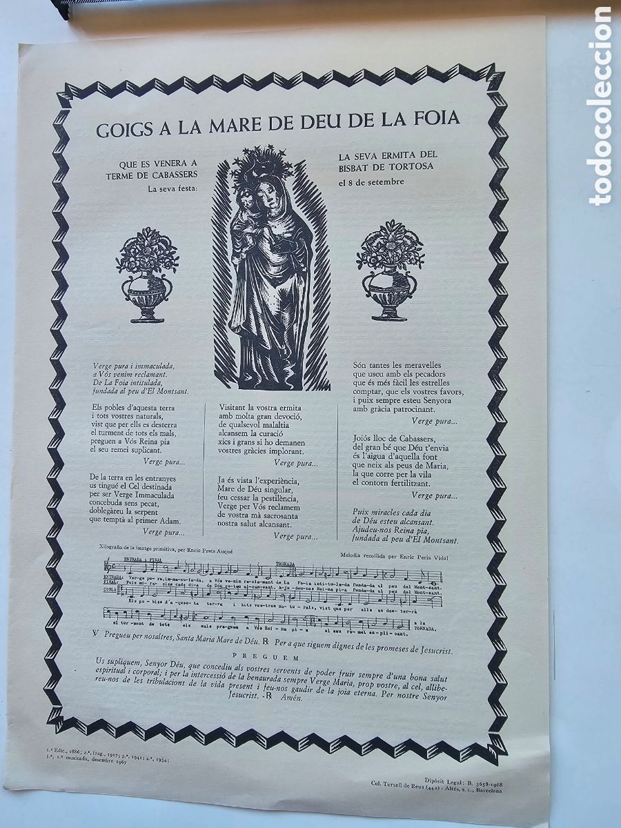 Otros Art&iacute;culos de Coleccionismo en Papel: Goigs Gozos a la Mare de D&eacute;u de la Foia, Cabassers Tortosa 1968 Torrell de Reus 442