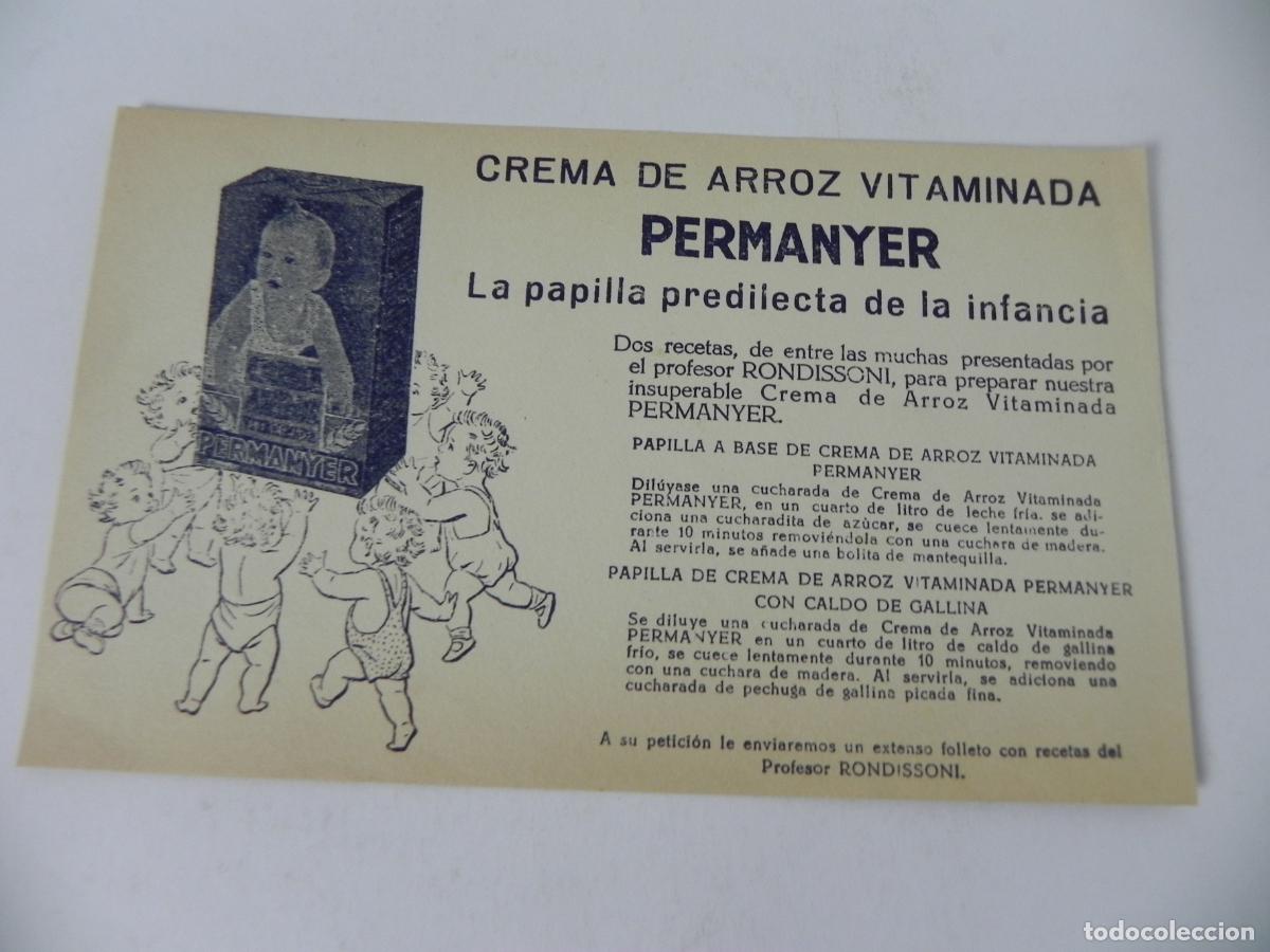 Otros Art&iacute;culos de Coleccionismo en Papel: Antigua Tarjeta Publicitaria Crema de Arroz PERMANYER - Recetas Prof. Rondissoni - A&ntilde;os 50