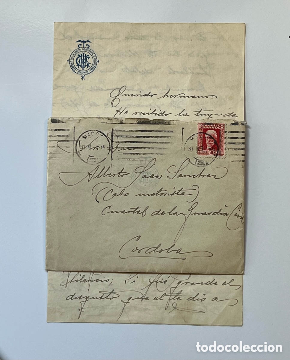 Otros Art&iacute;culos de Coleccionismo en Papel: C&Oacute;RDOBA Cuartel de la Guardia Civil Cabo Motorista (a.1933) Pre-Guerra Civil Espa&ntilde;ola. Carta y sobre