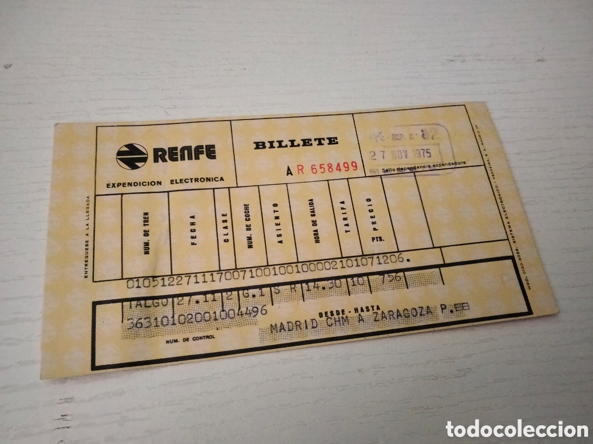 Otros Art&iacute;culos de Coleccionismo en Papel: Billete de Renfe antiguo Madrid Zaragoza 1975