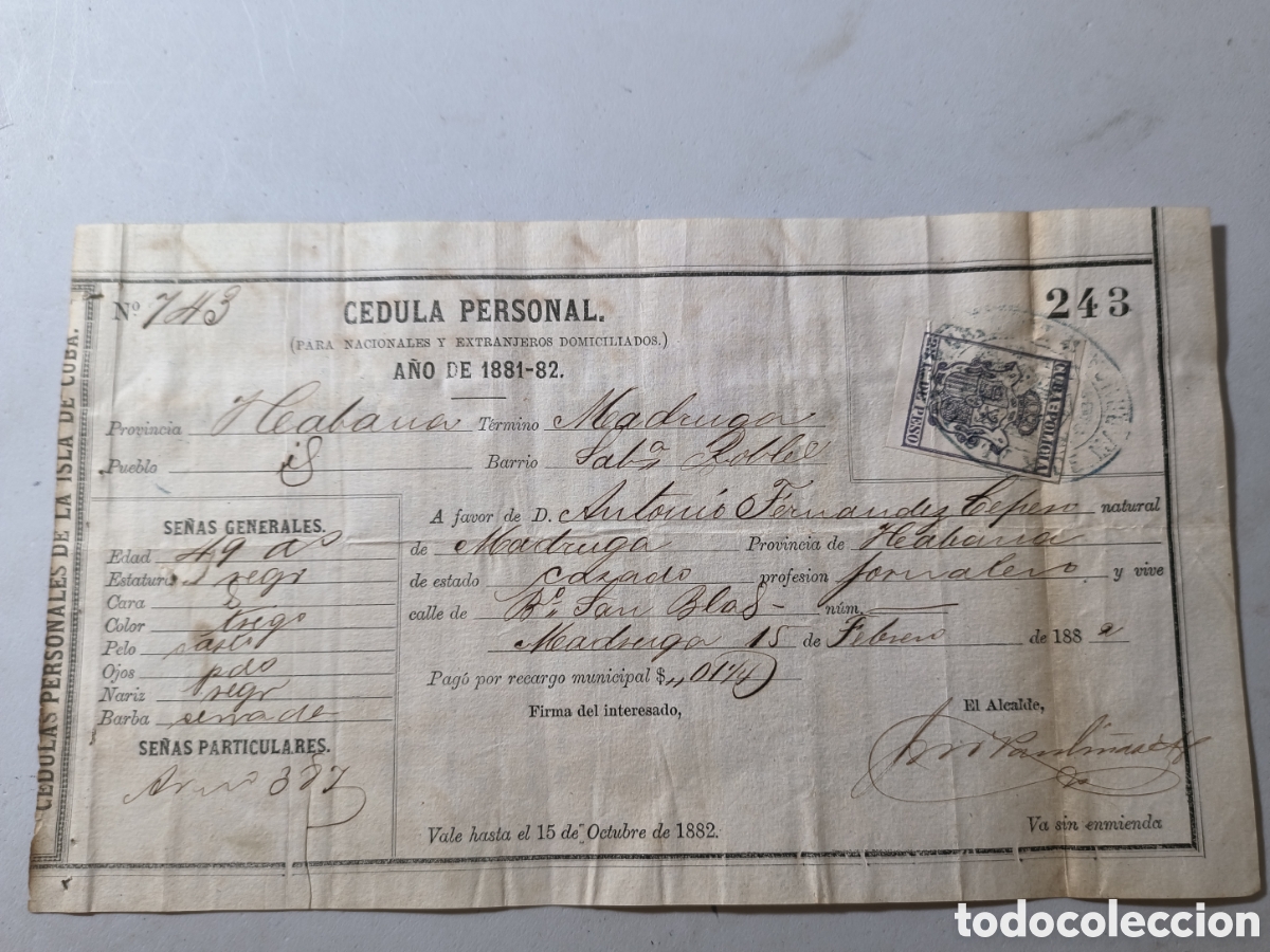 Otros Art&iacute;culos de Coleccionismo en Papel: Cuba espa&ntilde;ola, c&eacute;dula personal del a&ntilde;o 1881-1882.