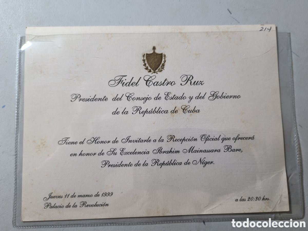 Otros Art&iacute;culos de Coleccionismo en Papel: Cuba, invitaci&oacute;n del presidente Fidel Castro a la recepci&oacute;n del presidente N&iacute;ger,a&ntilde;o 1999.