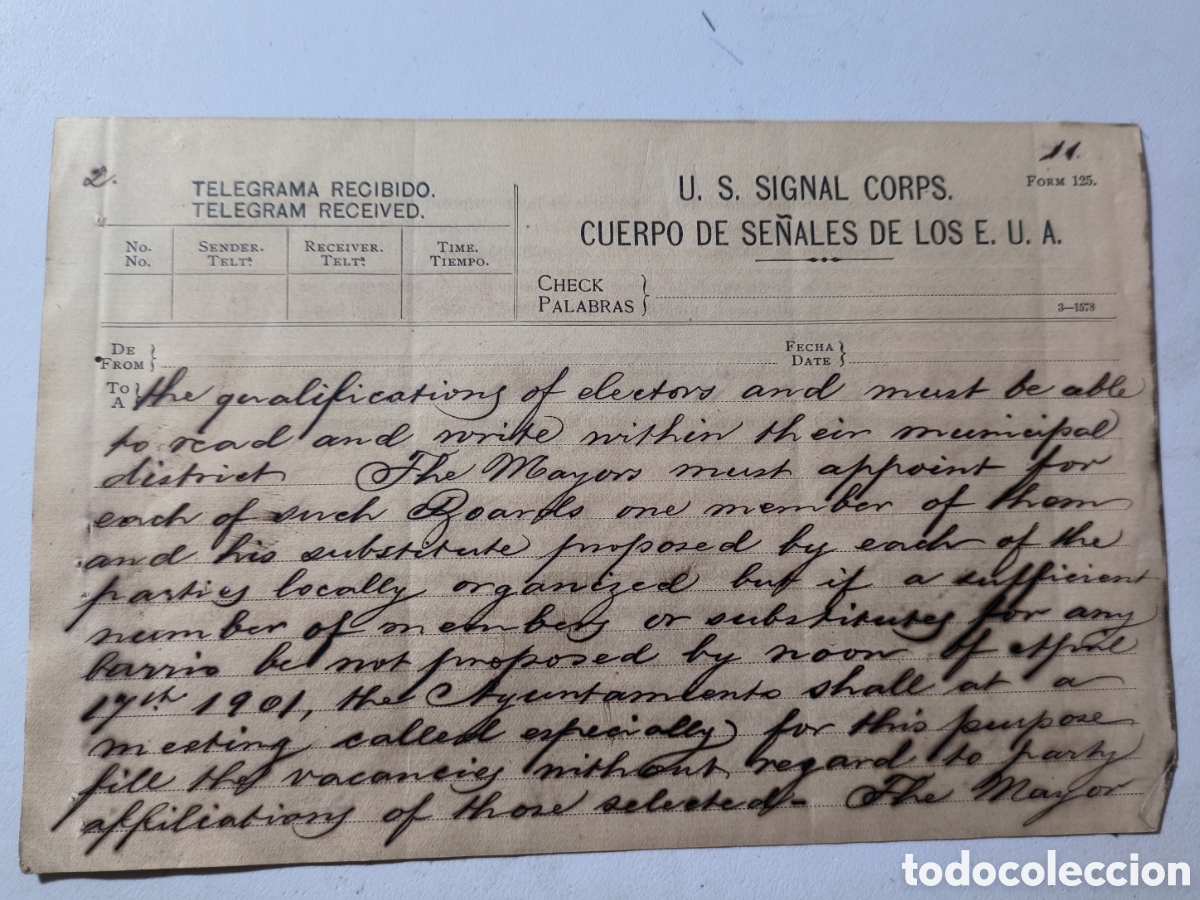 Otros Art&iacute;culos de Coleccionismo en Papel: Cuba intervenci&oacute;n, telegrama cuerpo se&ntilde;ales U.S.ARMY, elecciones 1901