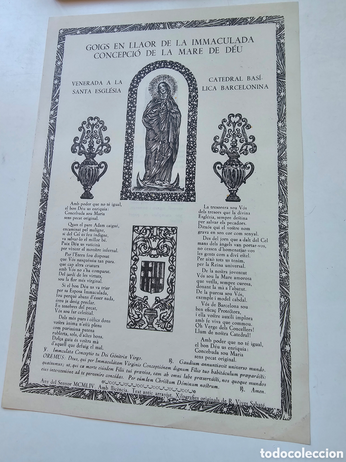 Otros Art&iacute;culos de Coleccionismo en Papel: Goigs Gozos a la Inmaculada Concepci&oacute; de la Mare de D&eacute;u Catedral de Barcelona 1954 R. VIVES Sabater