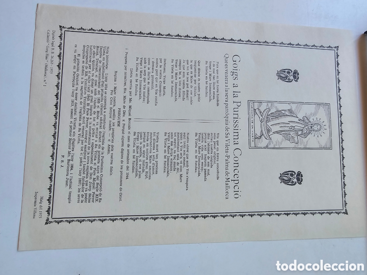 Otros Art&iacute;culos de Coleccionismo en Papel: Goigs Gozos a la Pur&iacute;sima Concepci&oacute; Sa Vileta Palma de Mallorca 1975 Gorg Blau 1