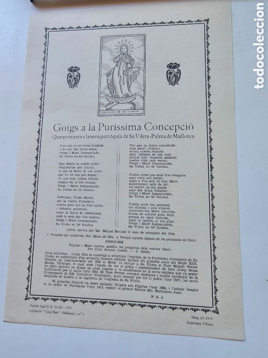 Otros Art&iacute;culos de Coleccionismo en Papel: Goigs Gozos a la Pur&iacute;sima Concepci&oacute; Sa Vileta Palma de Mallorca 1975 Gorg Blau 1