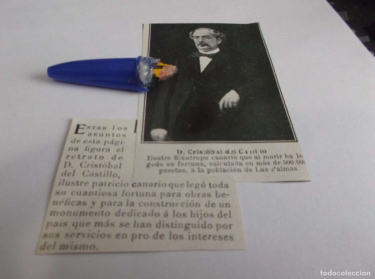 Otros Art&iacute;culos de Coleccionismo en Papel: RECORTE A&Ntilde;O 1910(LAS PALMAS)D.CRIST&Oacute;BAL DE CASTILLO,ILUSTRE FIL&Aacute;NTROPO,DEJO M&Aacute;S DE 500.000 PESETAS