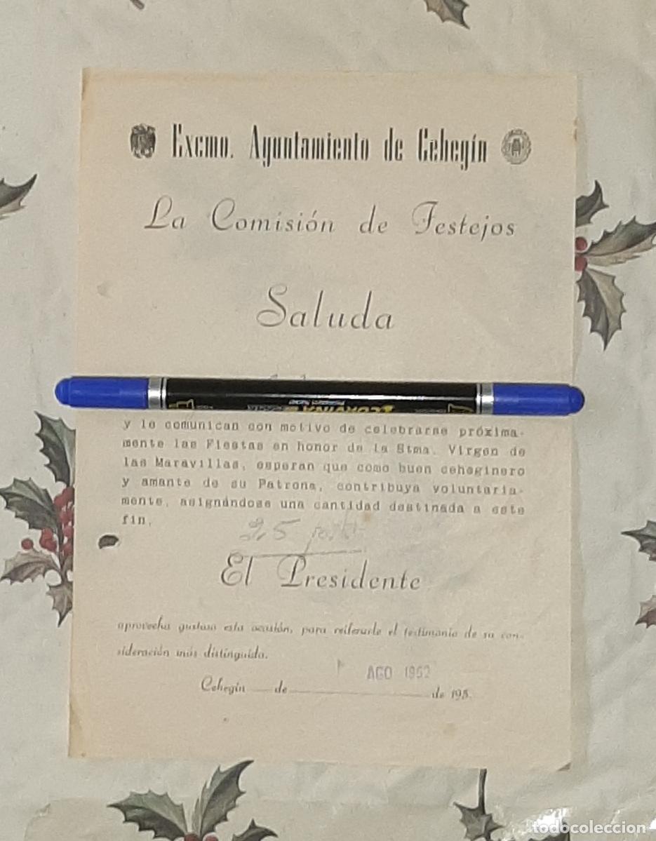 Otros Art&iacute;culos de Coleccionismo en Papel: SOLICITUD DE CONTRIBUCI&Oacute;N A LOS FESTEJOS EN HONOR DE LA VIRGEN DE LAS MARAVILLAS CEHEGIN 1962