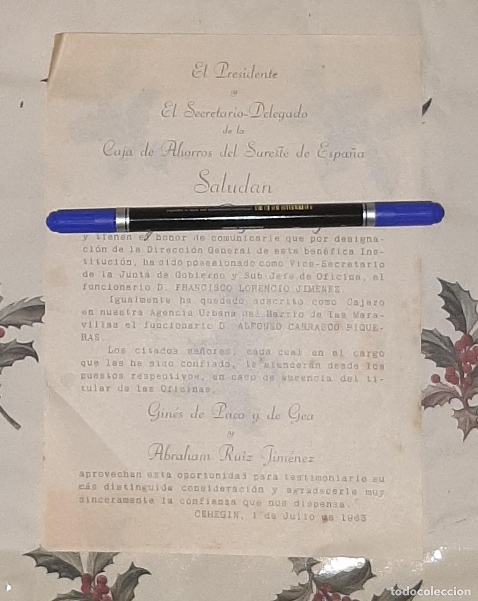 Otros Art&iacute;culos de Coleccionismo en Papel: COMUNICACI&Oacute;N DEL DE LA CAJA DE AHORROS DEL SURESTE DE ESPA&Ntilde;A DE CEHEGIN 1963