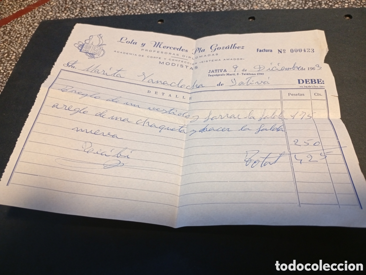 Otros Art&iacute;culos de Coleccionismo en Papel: Factura Lola Mercedes Pla Gonz&aacute;lez,modistas, J&Aacute;TIVA 1963