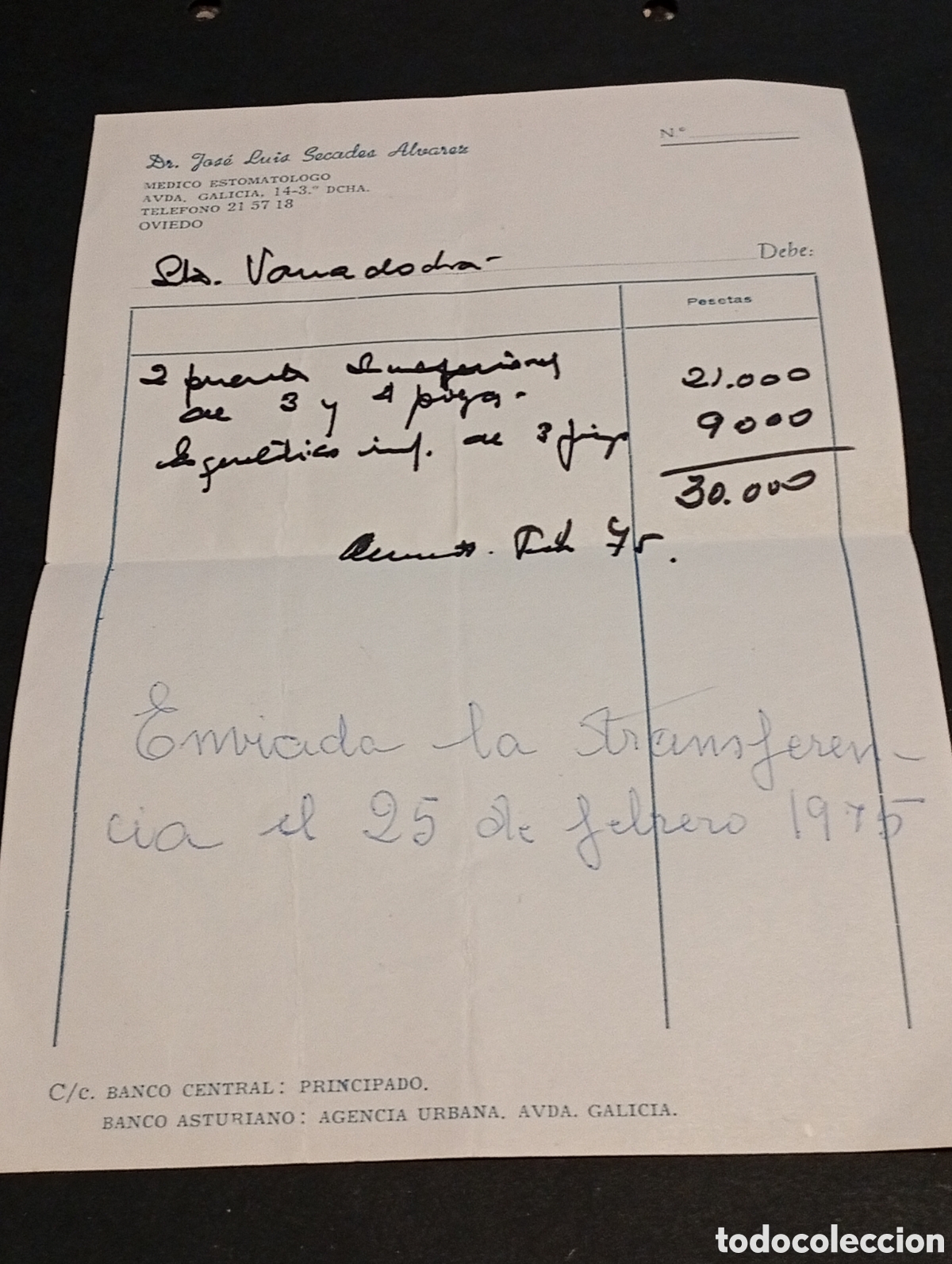 Otros Art&iacute;culos de Coleccionismo en Papel: Factura Dr Jos&eacute; Luis Secades &Aacute;lvarez, Oviedo 1975