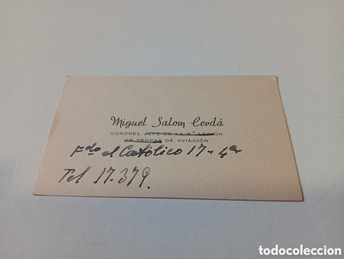 Otros Art&iacute;culos de Coleccionismo en Papel: Tarjeta visita Miguel Salom Cerda, coronel jefe de la 3 Legi&oacute;n de tropas de Aviaci&oacute;n
