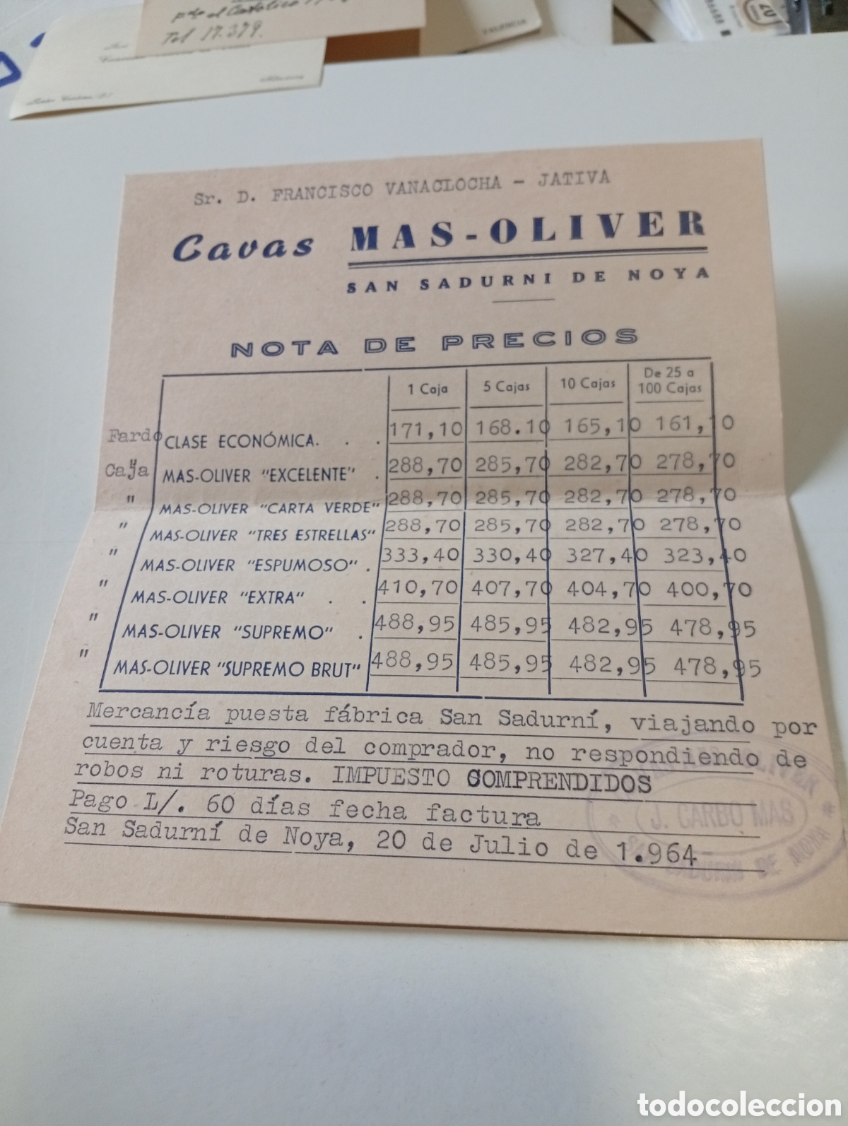 Otros Art&iacute;culos de Coleccionismo en Papel: Nota de precios Cavas MAS-OLIVER , San Sadurn&iacute; de Noya 1964