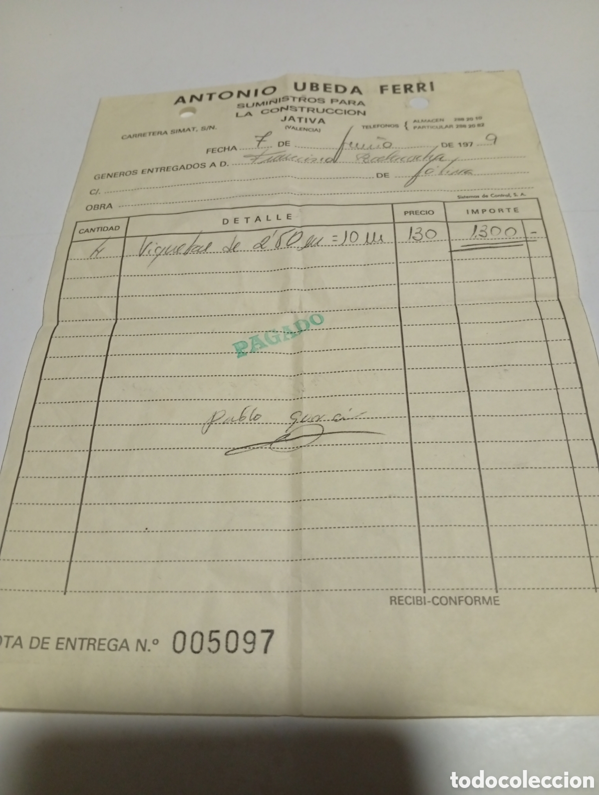 Otros Art&iacute;culos de Coleccionismo en Papel: Factura o recibo Antonio &Uacute;beda Ferri, suministros para la construcci&oacute;n, J&aacute;tiva 1979