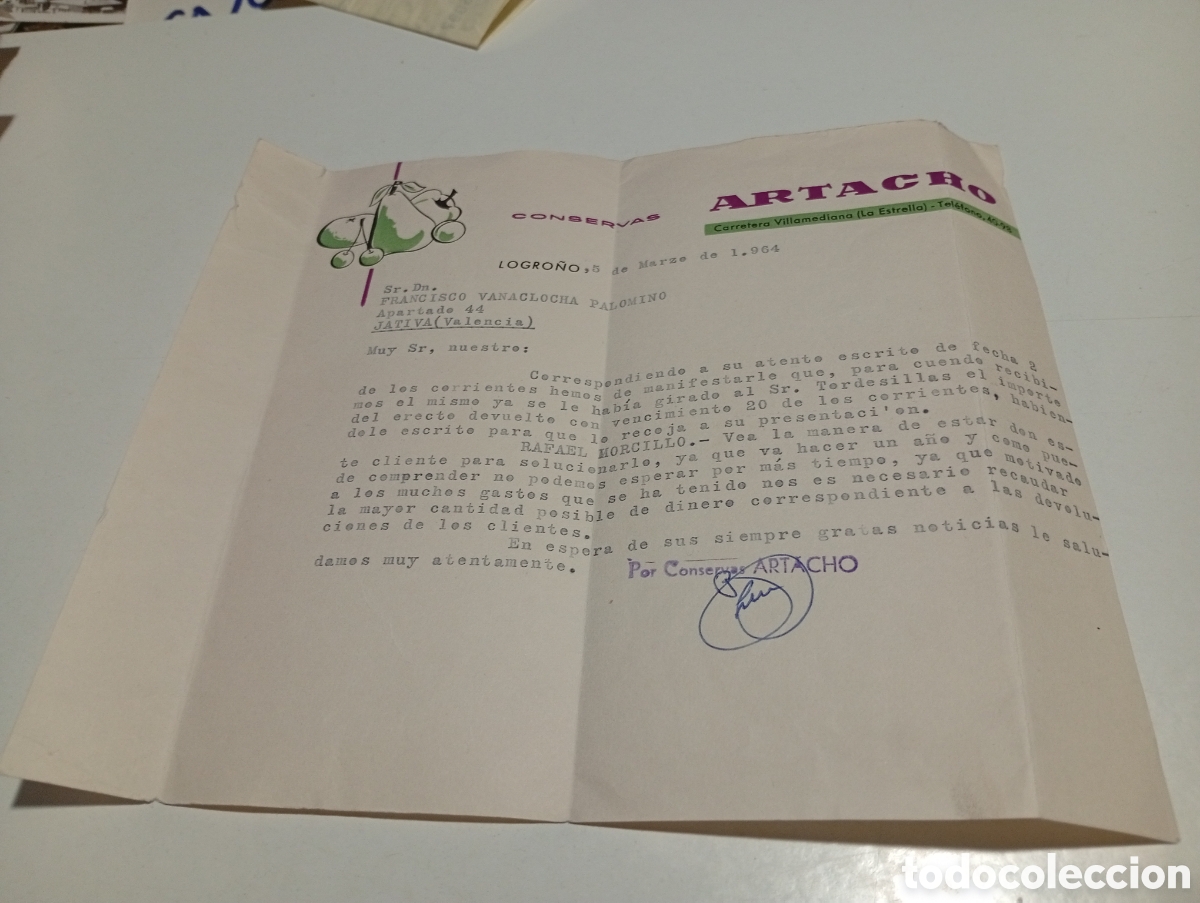 Otros Art&iacute;culos de Coleccionismo en Papel: Carta reclamaci&oacute;n, conservado Artacho, Logro&ntilde;o 1964
