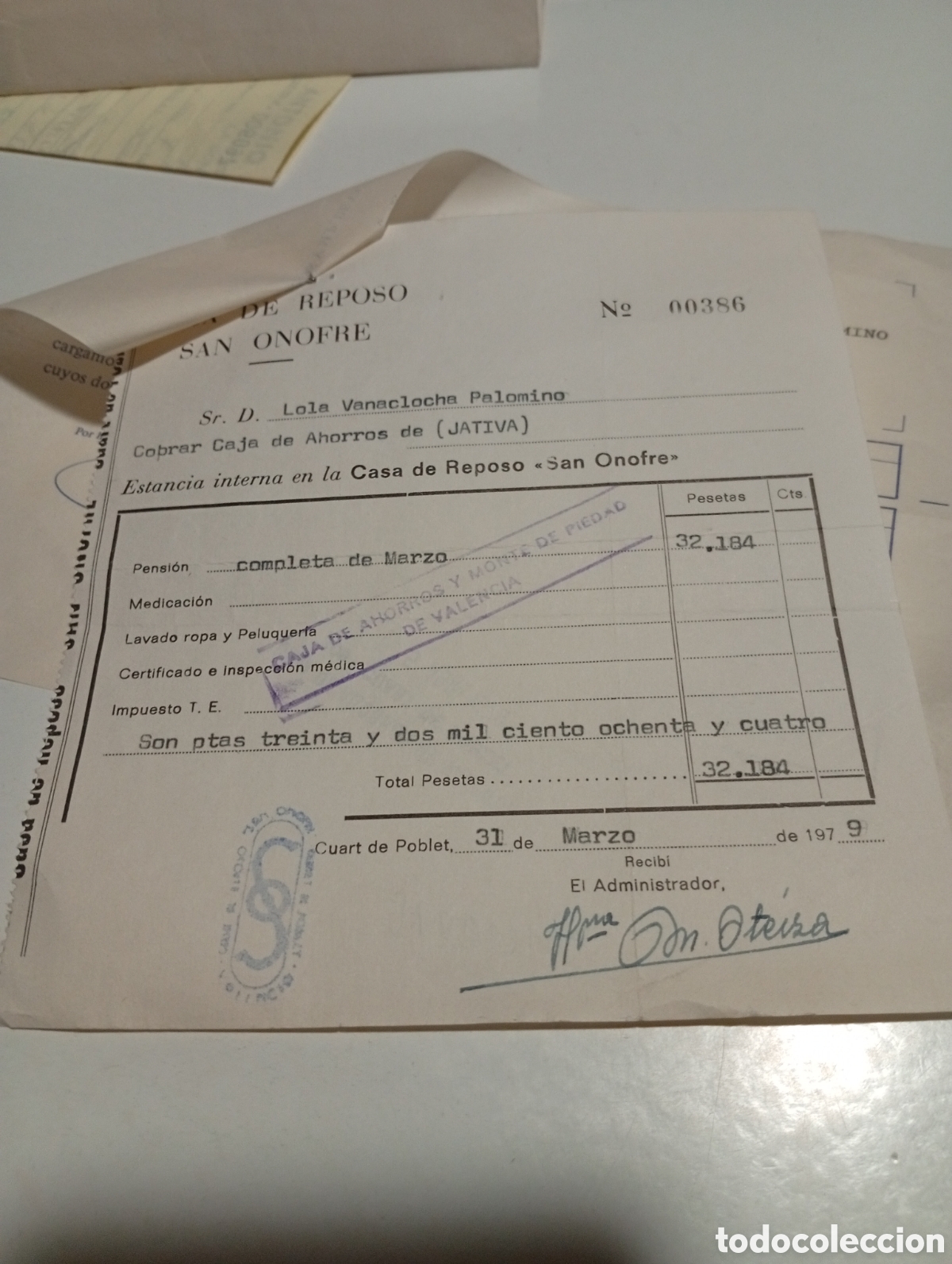 Otros Art&iacute;culos de Coleccionismo en Papel: Factura casa de reposo San Onofre, estancia interna, Quart de Poblet 1979