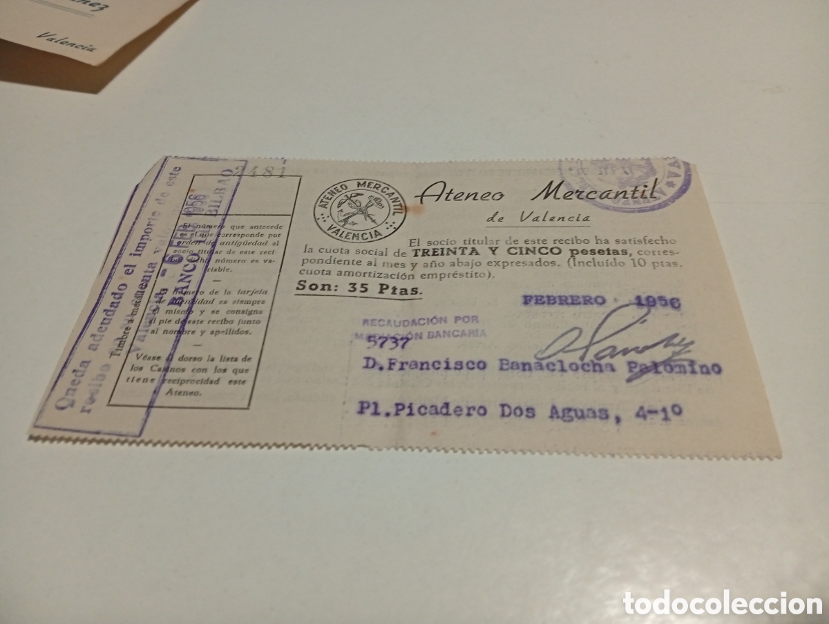 Otros Art&iacute;culos de Coleccionismo en Papel: Recibo Ateneo Mercantil de Valencia 1956
