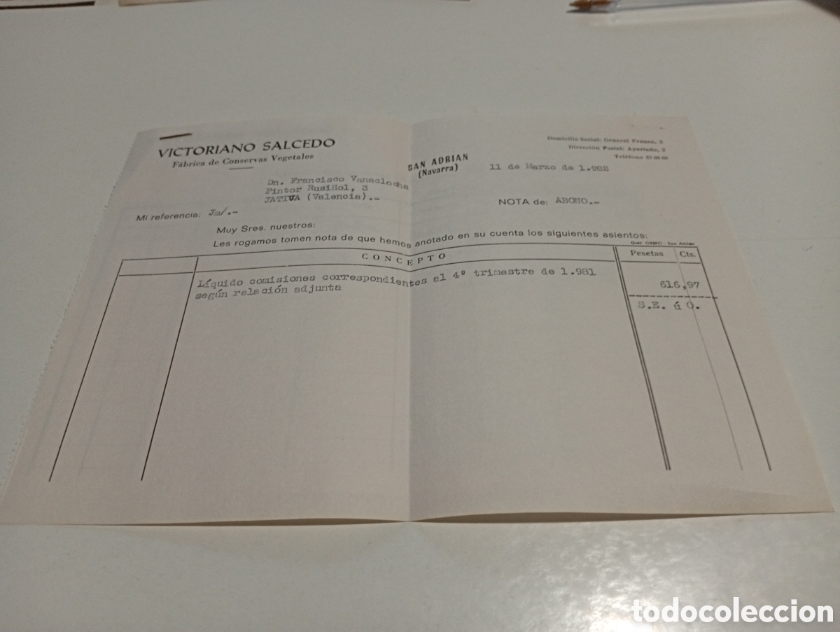 Otros Art&iacute;culos de Coleccionismo en Papel: Factura Victoriano Salcedo, fabrica de conservas vegetales,San Adri&aacute;n, navarra