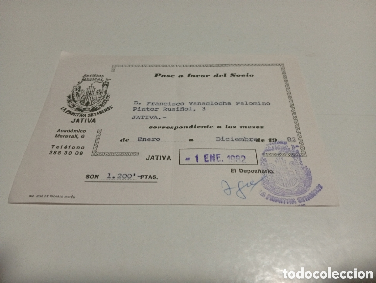 Otros Art&iacute;culos de Coleccionismo en Papel: Pase a favor del socio Francisco Vanaclocha , J&aacute;tiva 1982