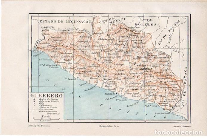 Sammelleidenschaft Andere Papierartikel: LAMINA V08447: Mapa de Guerrero, Mejico - Varios
