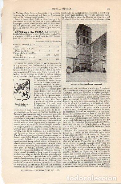 Otros art&iacute;culos de coleccionismo en papel: LAMINA V11307: Iglesia y escudo de Sapobla, Mallorca - Varios