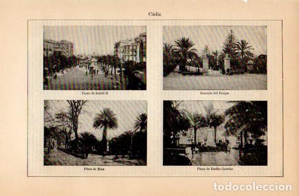 Otros art&iacute;culos de coleccionismo en papel: LAMINA V16696: Paseo de Isabel II Plaza de Mina y Plaza de Emilio Castelar en Cadiz - Varios
