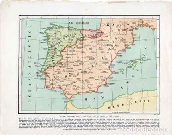 Altri oggetti di carta: LAMINA V33530: Mapa de Espa&ntilde;a despues de la invasion de los pueblos del Norte - Manuel Rodriguez Cod