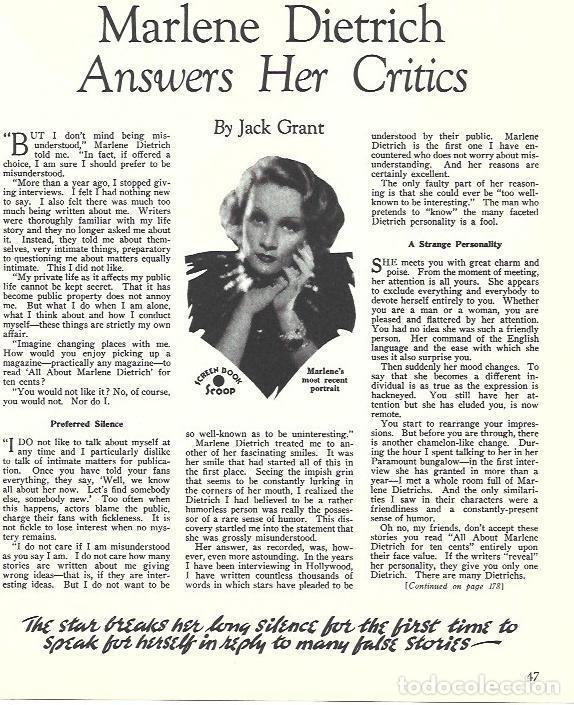 Otros art&iacute;culos de coleccionismo en papel: LAMINA 34552: Primer plano de Marlene Dietrich - Martin Levin