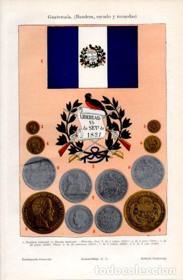 Sammelleidenschaft Andere Papierartikel: LAMINA V40133: Bandera, escudo y monedas de Guatemala - Varios