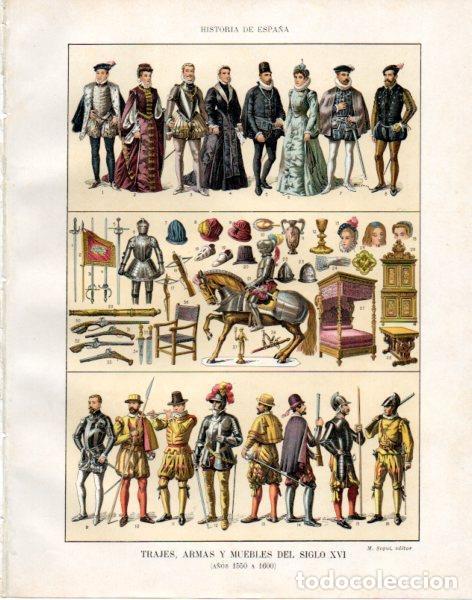 Otros art&iacute;culos de coleccionismo en papel: LAMINA V33908: Trajes, armas y muebles del siglo XVI (1550 a 1600) - Manuel Rodriguez Codola