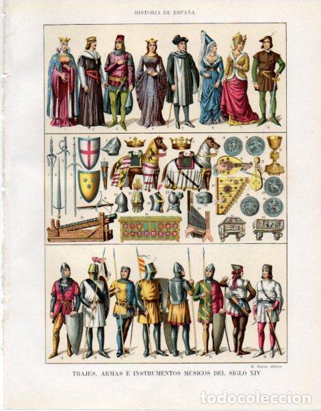 Altri oggetti di carta: LAMINA V33591: Trajes, armas e instrumentos musicos del siglo XIV - Manuel Rodriguez Codola