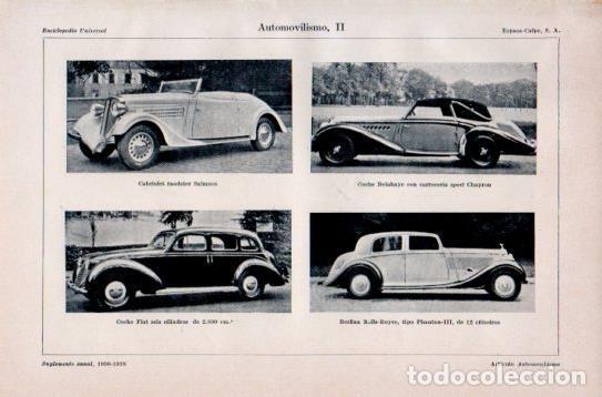 Otros art&iacute;culos de coleccionismo en papel: LAMINA V38801: Cabriolet raodster Salmson, berlina Rolls Royce y coches Delehaye y Fiat 6 cilindros