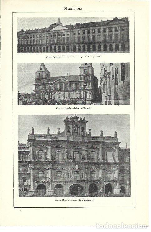 Otros art&iacute;culos de coleccionismo en papel: LAMINA ESPASA 39920: Ayuntamientos de Santiago de Compostela, Toledo y Salamanca - Varios