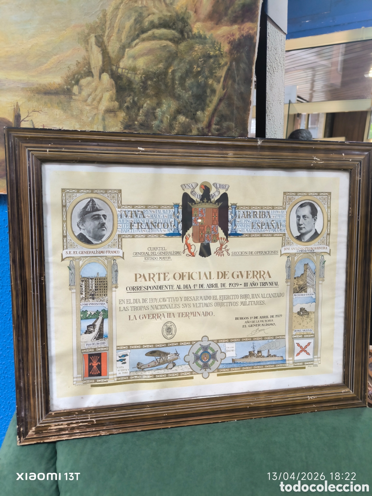 Outros artigos de papel: Parte oficial de Guerra enmarcado