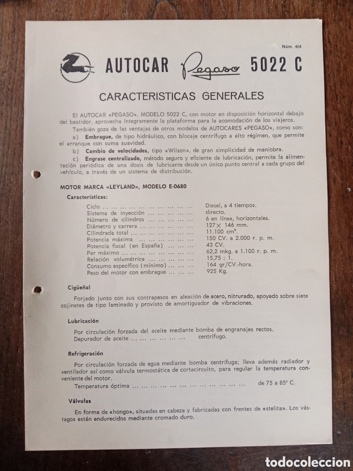 Otros Art&iacute;culos de Coleccionismo en Papel: Ficha t&eacute;cnica autocar Pegaso 5022 C de 1968