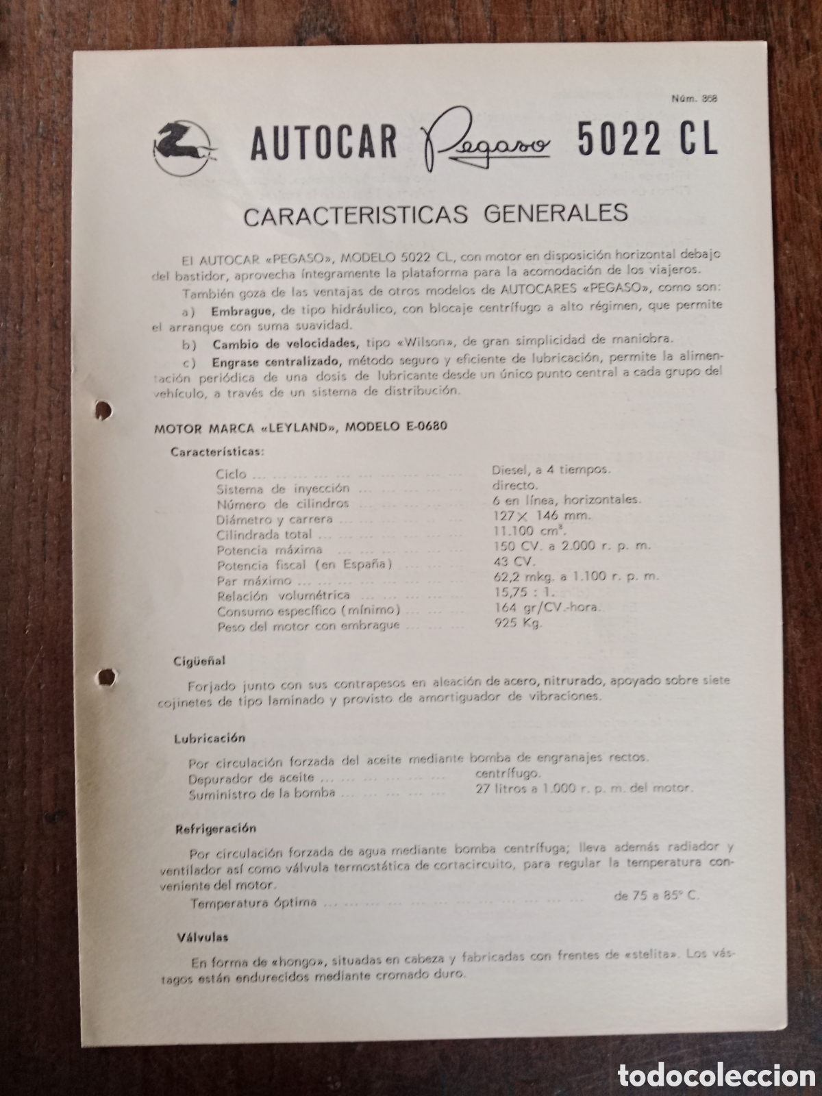 Otros Art&iacute;culos de Coleccionismo en Papel: Ficha t&eacute;cnica autocar Pegaso 5022 CL de 1967