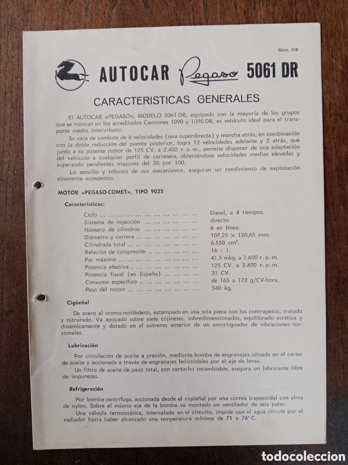 Otros Art&iacute;culos de Coleccionismo en Papel: Ficha t&eacute;cnica autocar Pegaso 5061 DR de 1968