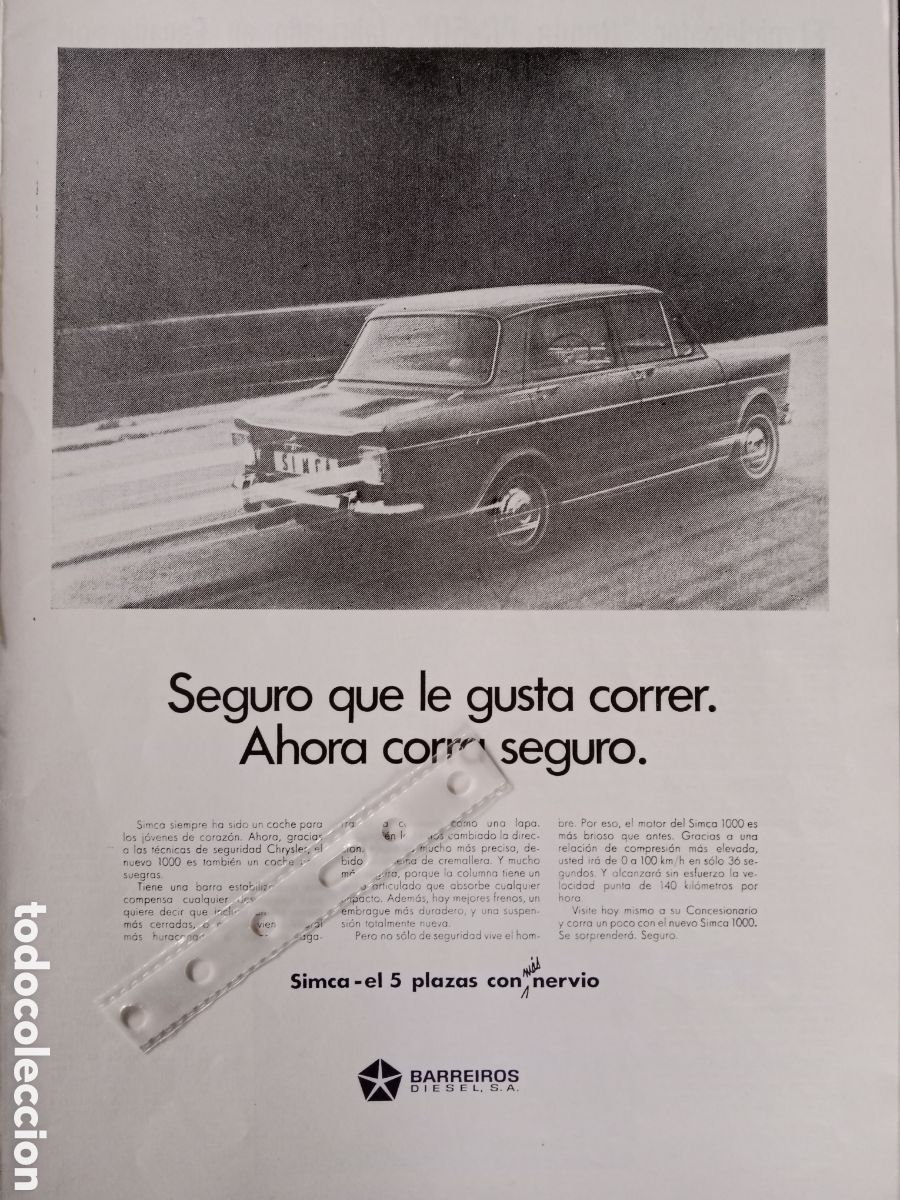 Otros Art&iacute;culos de Coleccionismo en Papel: Publicidad autom&oacute;vil Simca 1000 de 1969