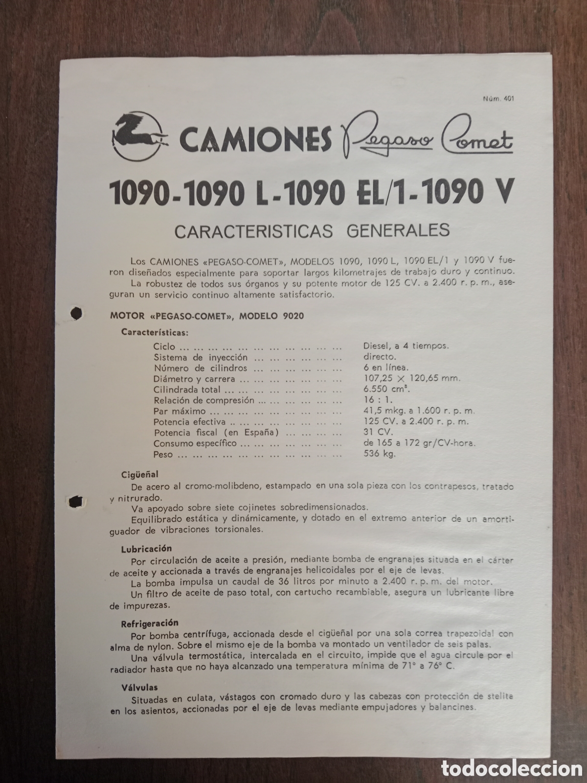 Otros Art&iacute;culos de Coleccionismo en Papel: Ficha t&eacute;cnica cami&oacute;n Pegaso 1090 L EL V de 1968