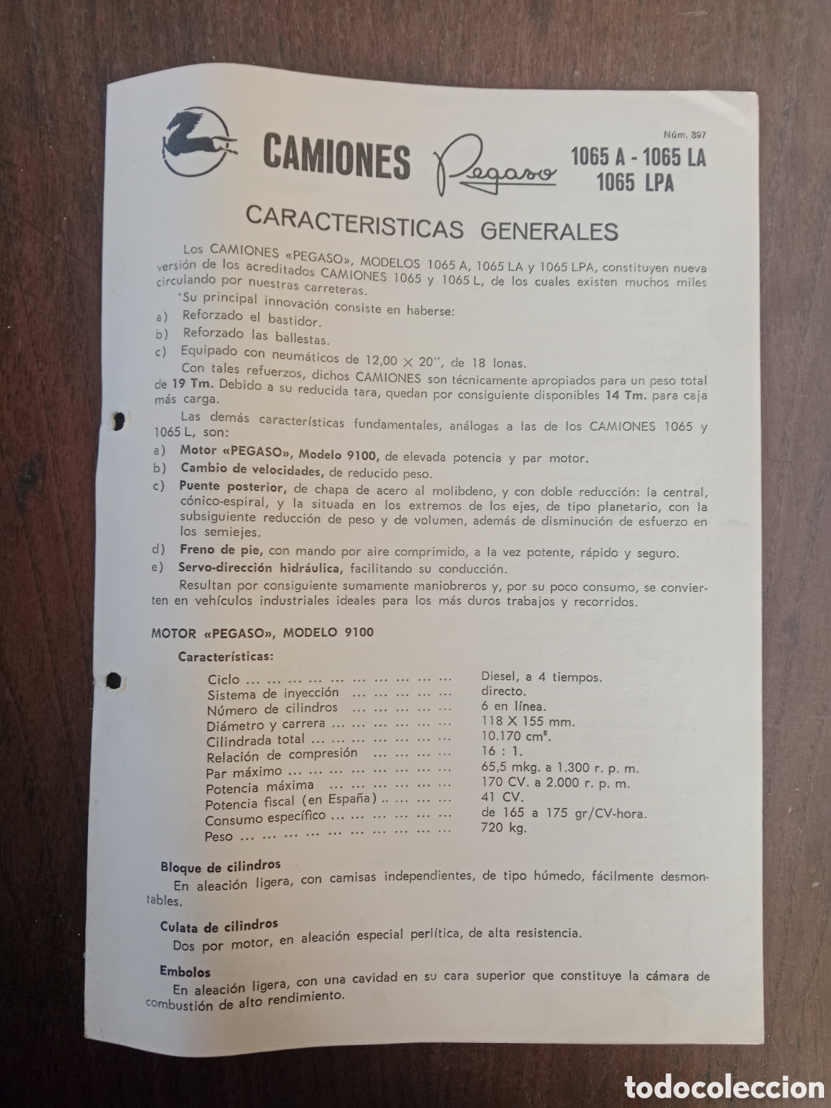Otros Art&iacute;culos de Coleccionismo en Papel: Ficha t&eacute;cnica cami&oacute;n Pegaso 1065 A LA LPA de 1967