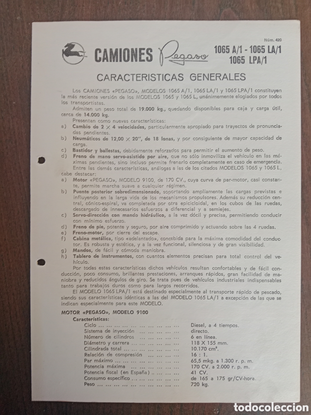 Otros Art&iacute;culos de Coleccionismo en Papel: Ficha t&eacute;cnica cami&oacute;n Pegaso 1065 A/1 AL/1 de 1968