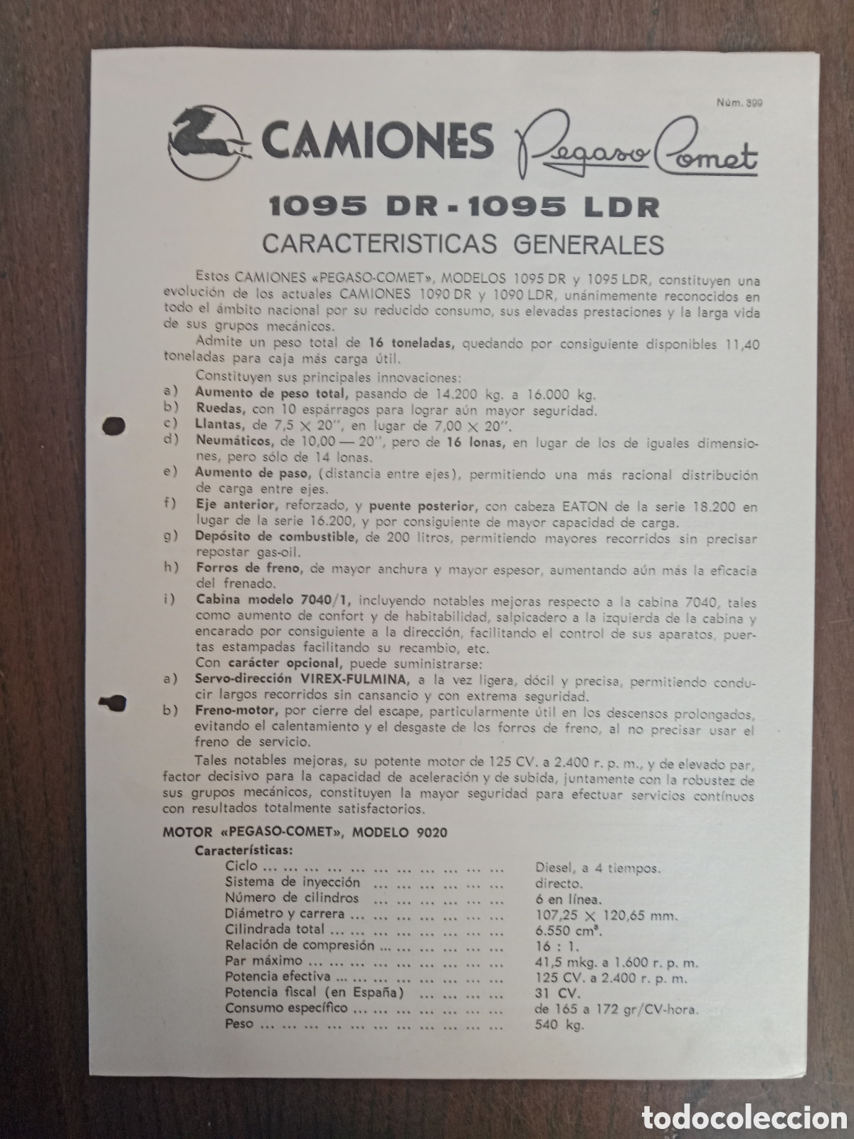 Otros Art&iacute;culos de Coleccionismo en Papel: Ficha t&eacute;cnica cami&oacute;n Pegaso 1095 DR LDR de 1967