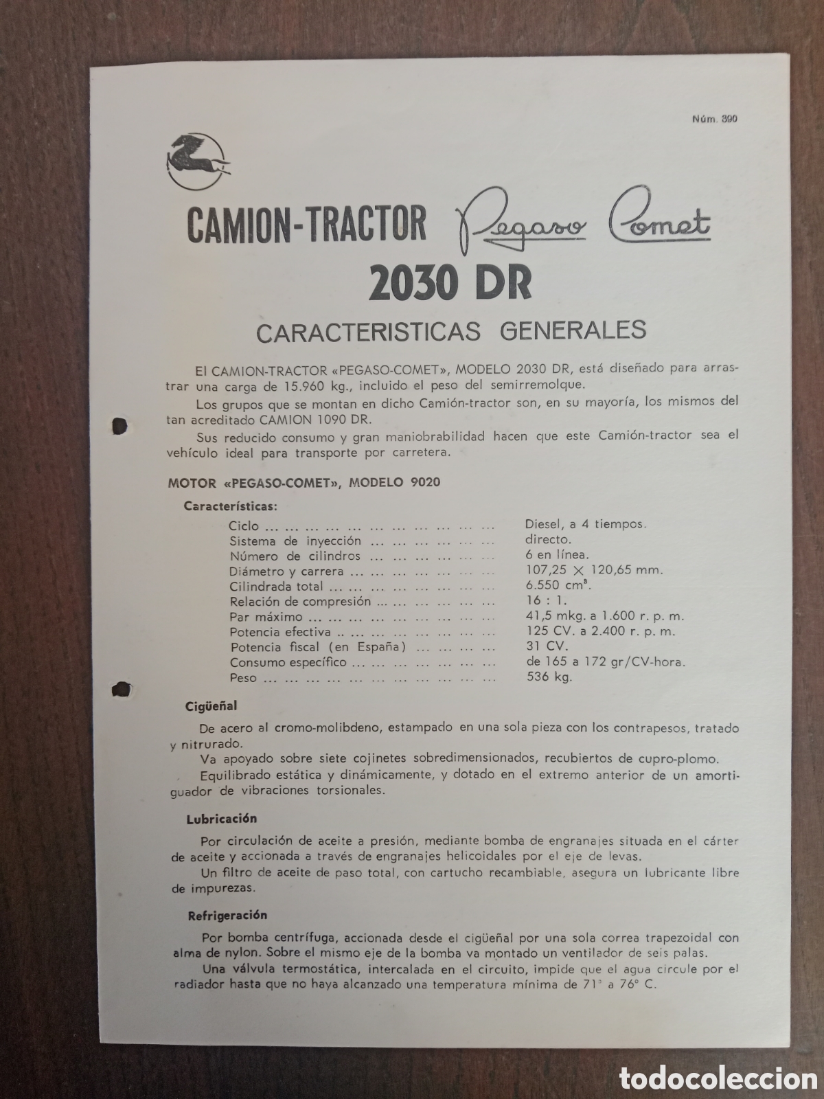 Otros Art&iacute;culos de Coleccionismo en Papel: Ficha t&eacute;cnica cami&oacute;n Pegaso comet 2030 DR de 1967