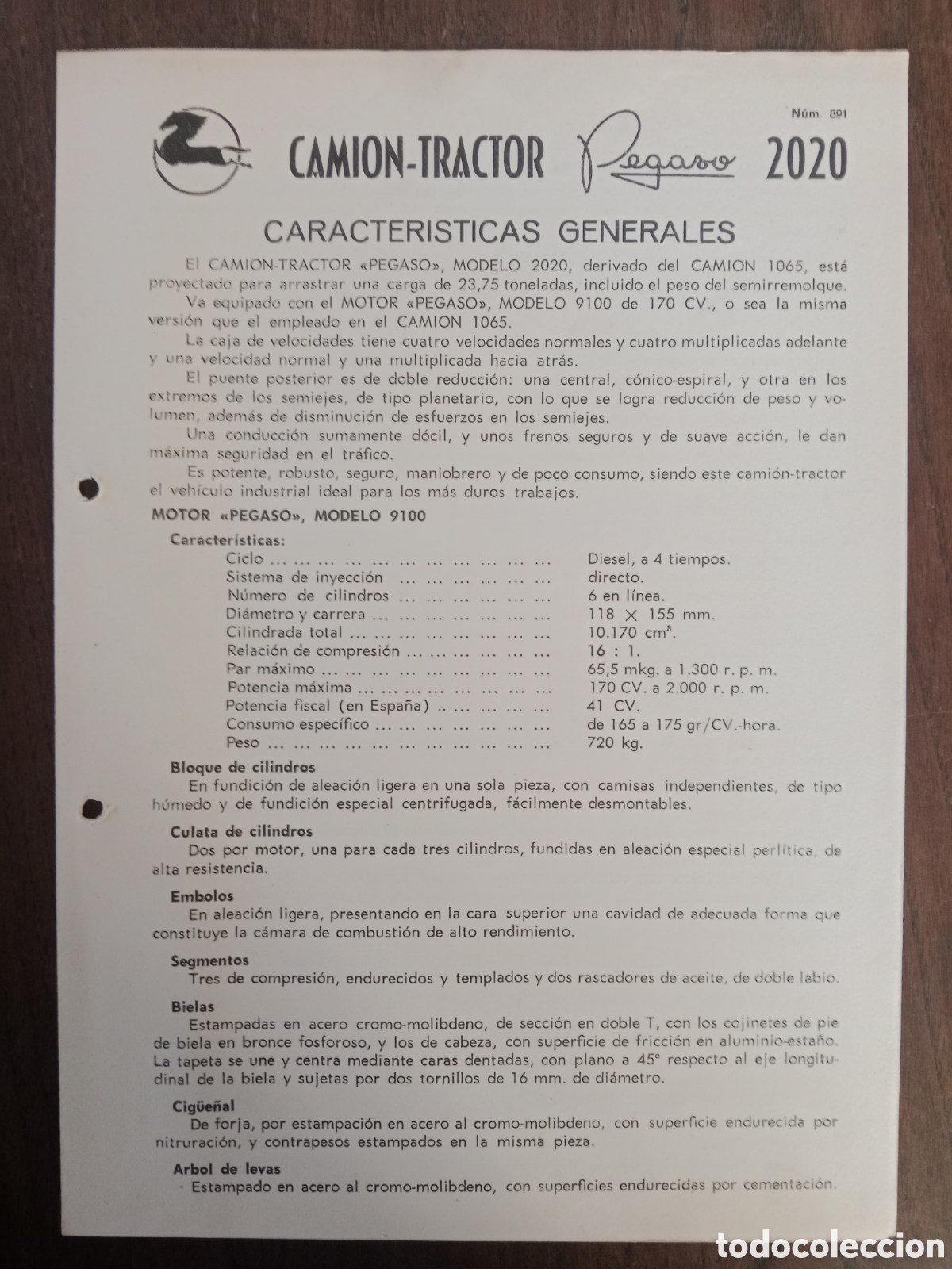 Otros Art&iacute;culos de Coleccionismo en Papel: Ficha t&eacute;cnica cami&oacute;n Pegaso 2020 de 1967