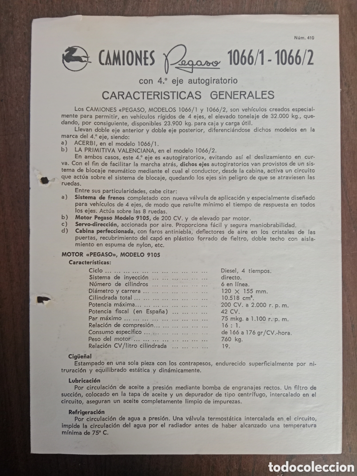 Otros Art&iacute;culos de Coleccionismo en Papel: Ficha t&eacute;cnica cami&oacute;n Pegaso 1066 / 1 1066 / 2 de 1968