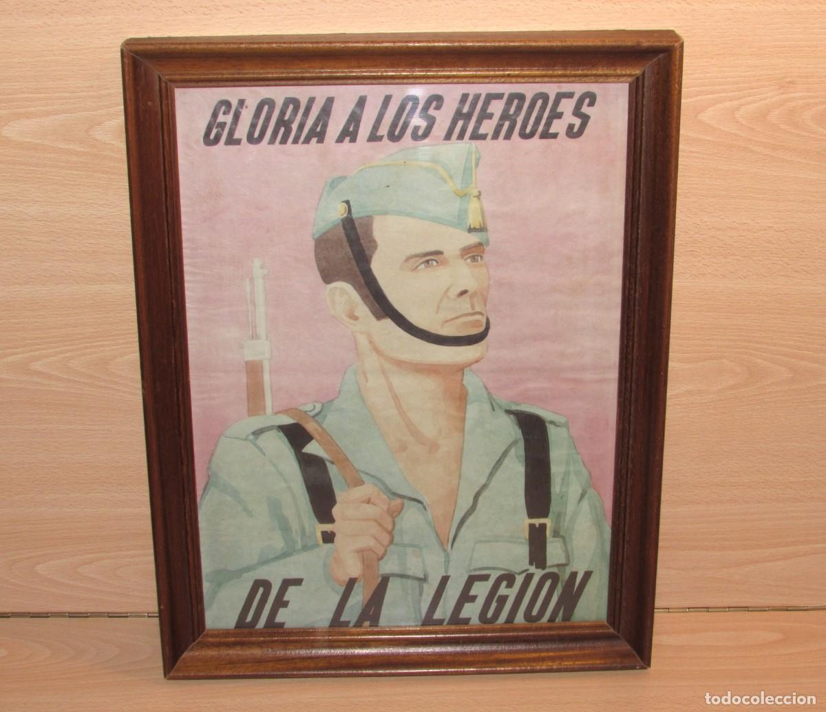 Otros Art&iacute;culos de Coleccionismo en Papel: Cuadro cartel p&oacute;ster publicidad reclutamiento Gloria a los h&eacute;roes de la Legi&oacute;n marco madera marr&oacute;n