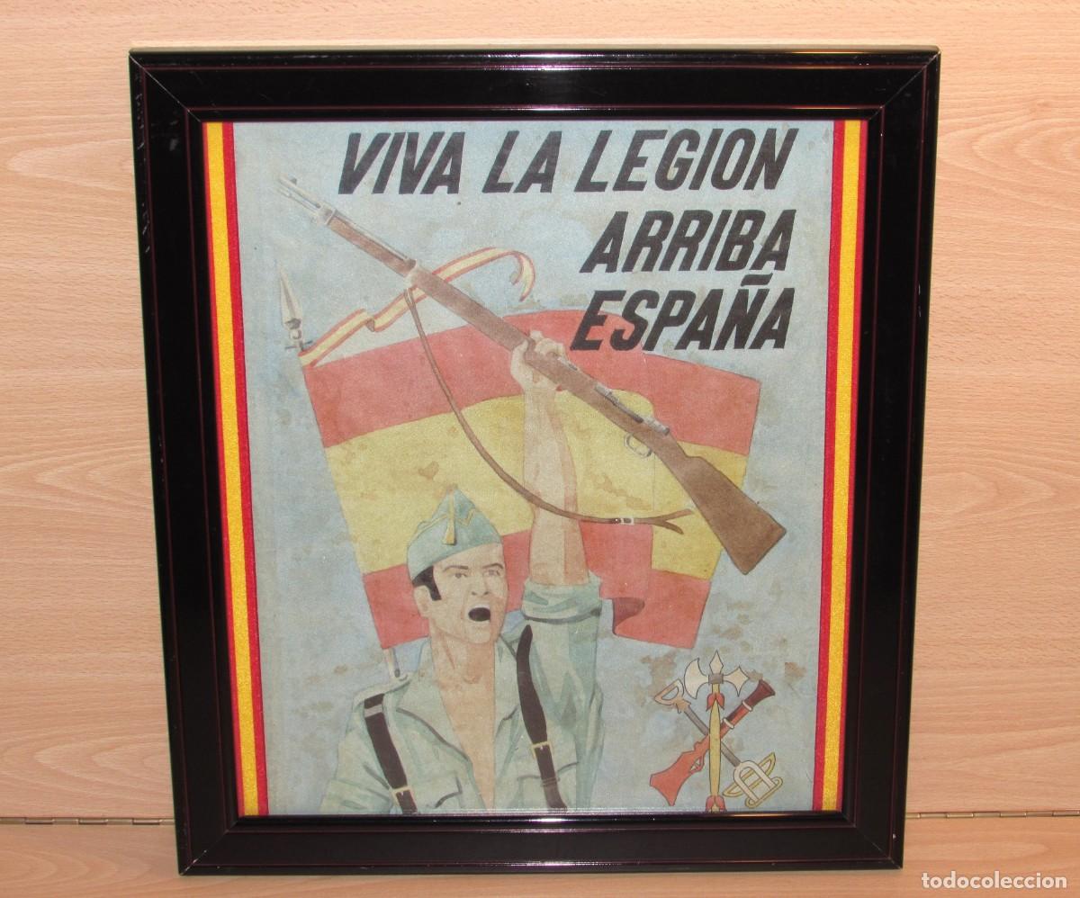 Otros Art&iacute;culos de Coleccionismo en Papel: Cuadro cartel p&oacute;ster publicidad reclutamiento Viva Legi&oacute;n Arriba Espa&ntilde;a marco madera negro bandera