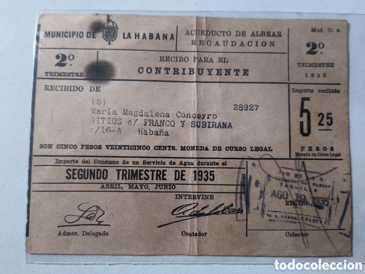 Otros Art&iacute;culos de Coleccionismo en Papel: Cuba,recibo pago agua del acueducto de albear ,a&ntilde;o 1935